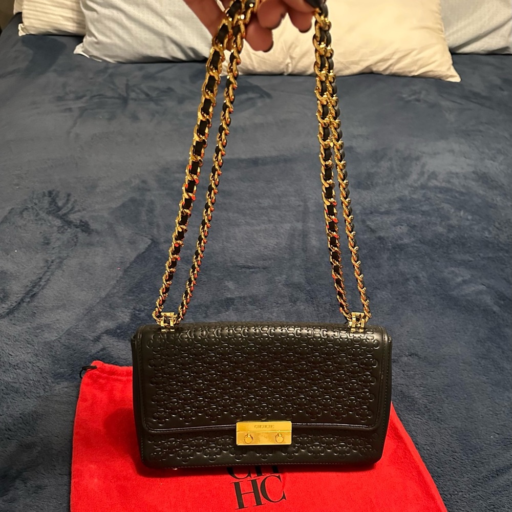 Carolina Herrera Black Clutch with Gold Chain